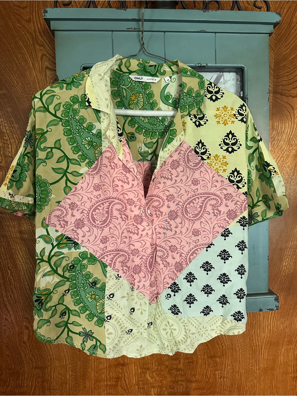 ONLY Patchwork Short-Sleeve Button-Up — Pink, Green, Cream